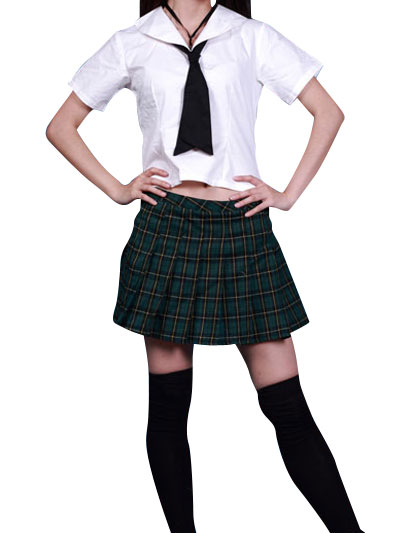 ITL Manufacturing High waisted Short Sleeves Grid Skirt School Uniform Cosplay Costume